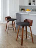 Maya 24" Fixed-Height Counter Stool - Set of 2 - Chrome Metal, Walnut Wood, Charcoal Fabric