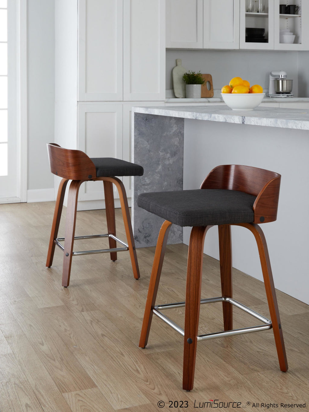 Maya 24" Fixed-Height Counter Stool - Set of 2 - Chrome Metal, Walnut Wood, Charcoal Fabric