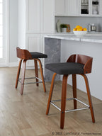 Maya 24" Fixed-Height Counter Stool - Set of 2 - Chrome Metal, Walnut Wood, Charcoal Fabric