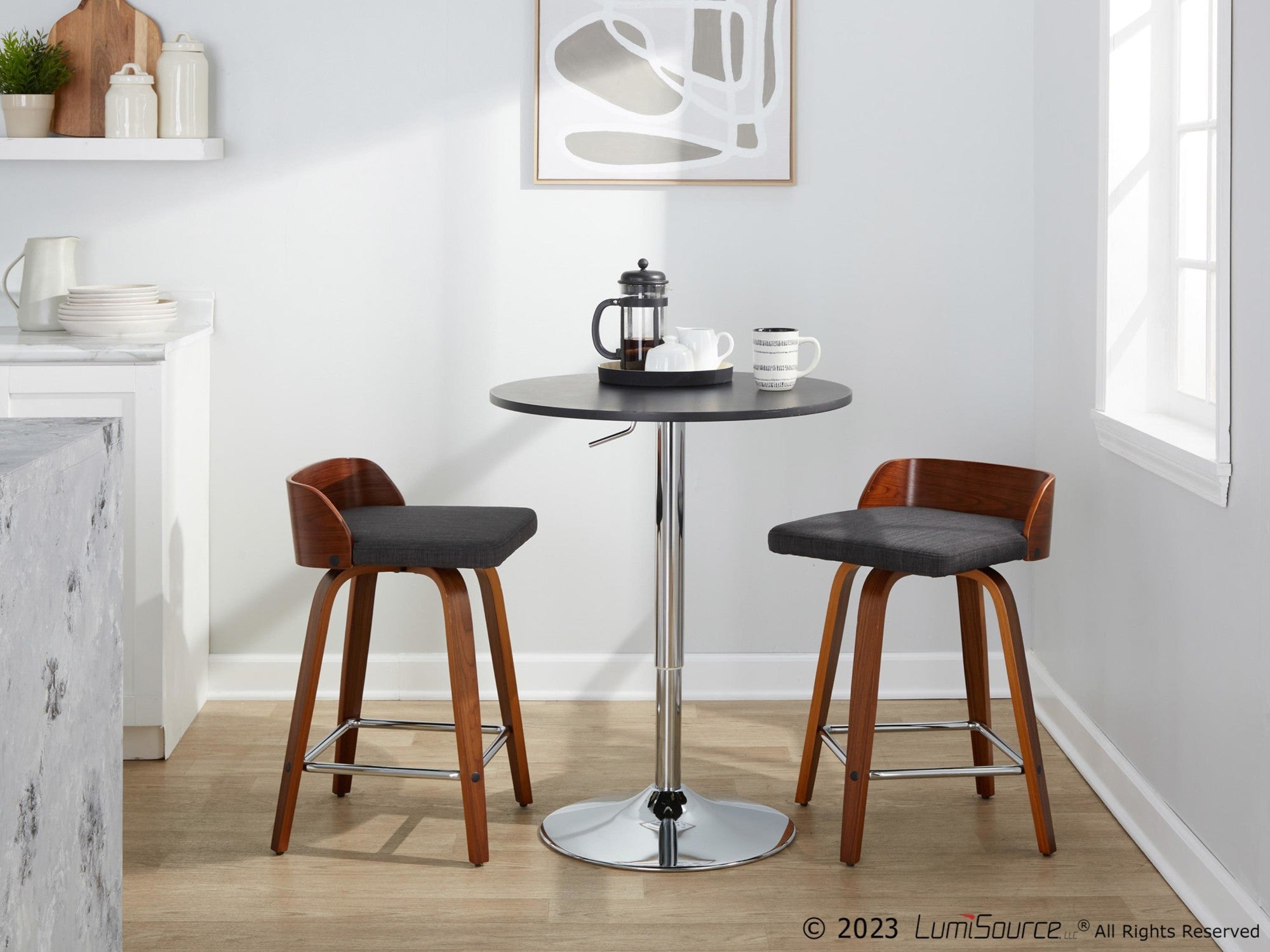 Maya 24" Fixed-Height Counter Stool - Set of 2 - Chrome Metal, Walnut Wood, Charcoal Fabric