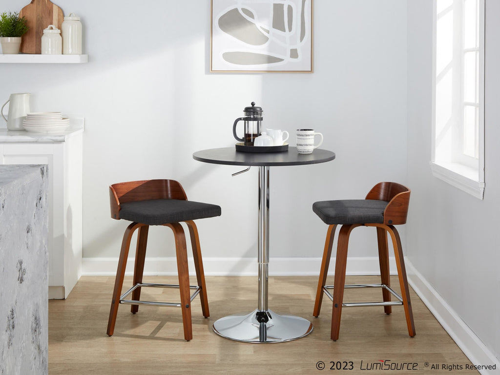 Maya 24" Fixed-Height Counter Stool - Set of 2 - Chrome Metal, Walnut Wood, Charcoal Fabric