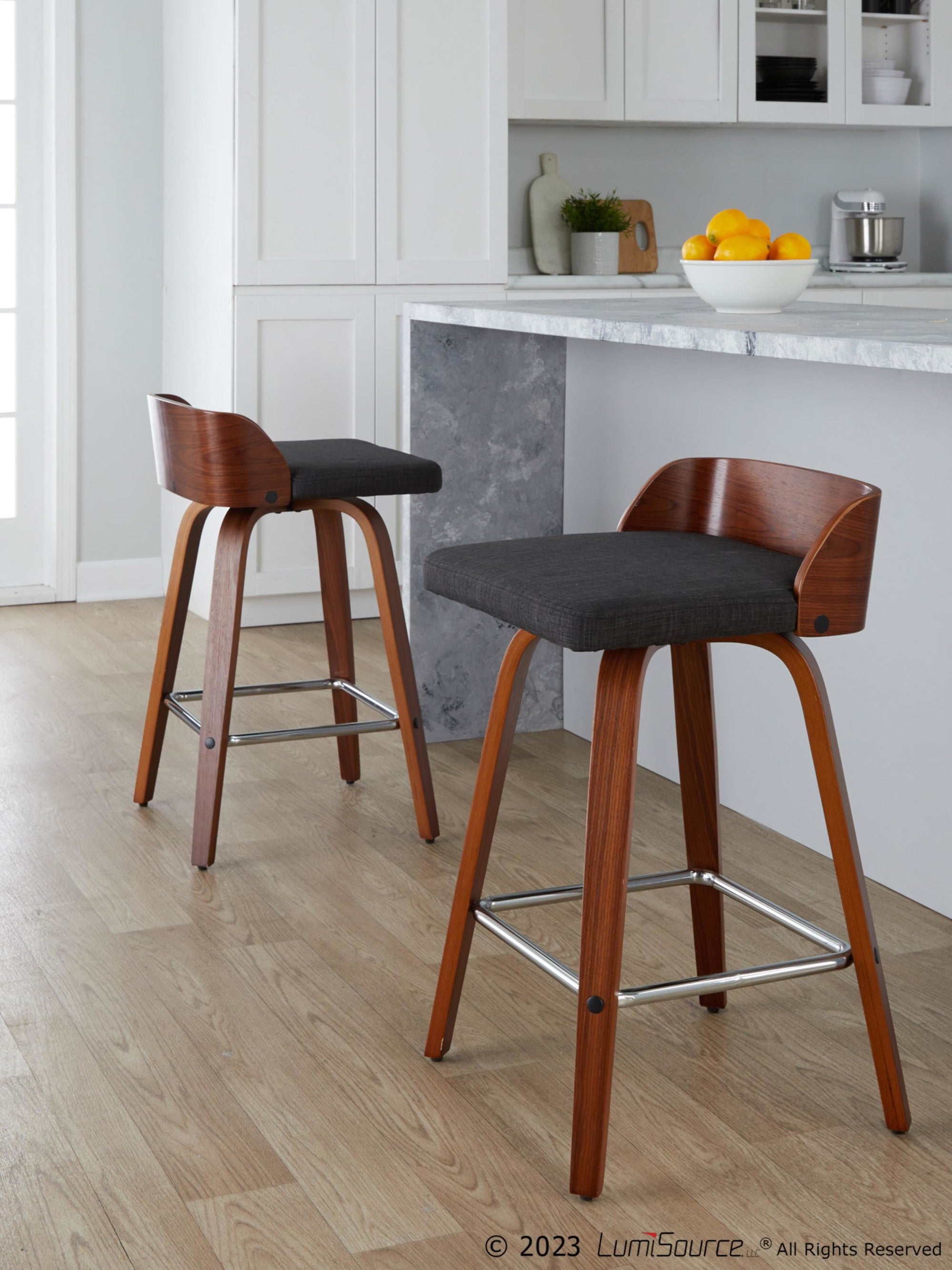 Maya 26" Fixed-Height Counter Stool - Set of 2 - Chrome Metal, Walnut Wood, Charcoal Fabric