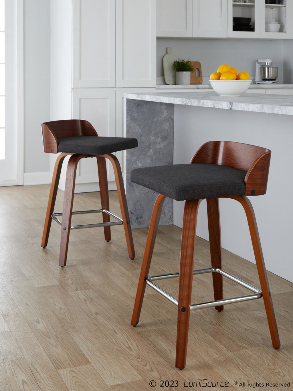 Maya 26" Fixed-Height Counter Stool - Set of 2 - Chrome Metal, Walnut Wood, Charcoal Fabric