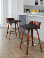 Maya 26" Fixed-Height Counter Stool - Set of 2 - Chrome Metal, Walnut Wood, Charcoal Fabric