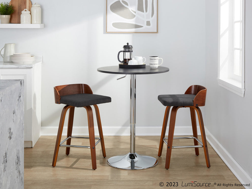 Maya 26" Fixed-Height Counter Stool - Set of 2 - Chrome Metal, Walnut Wood, Charcoal Fabric