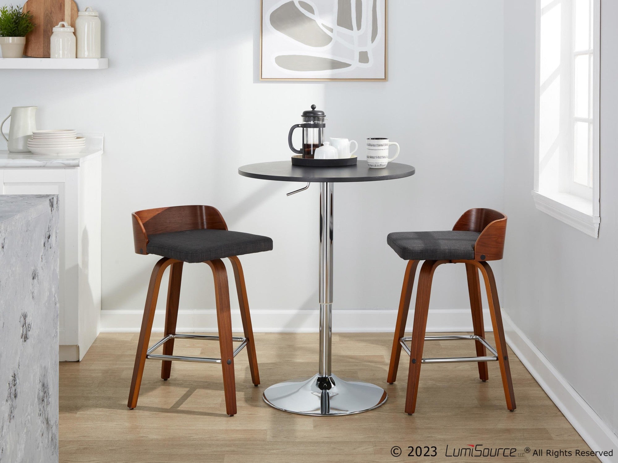 Maya 26" Fixed-Height Counter Stool - Set of 2 - Chrome Metal, Walnut Wood, Charcoal Fabric