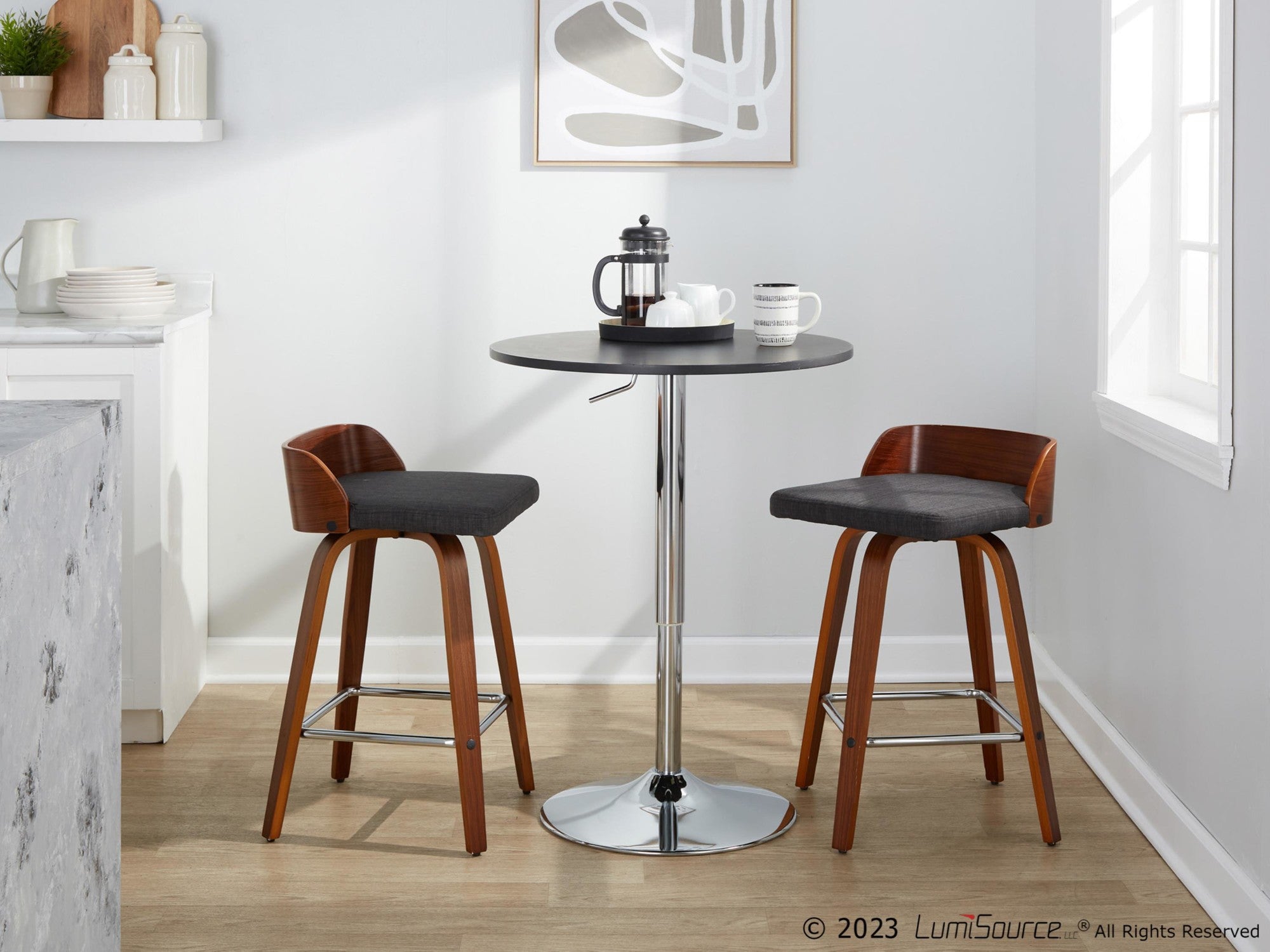 Maya 26" Fixed-Height Counter Stool - Set of 2 - Chrome Metal, Walnut Wood, Charcoal Fabric