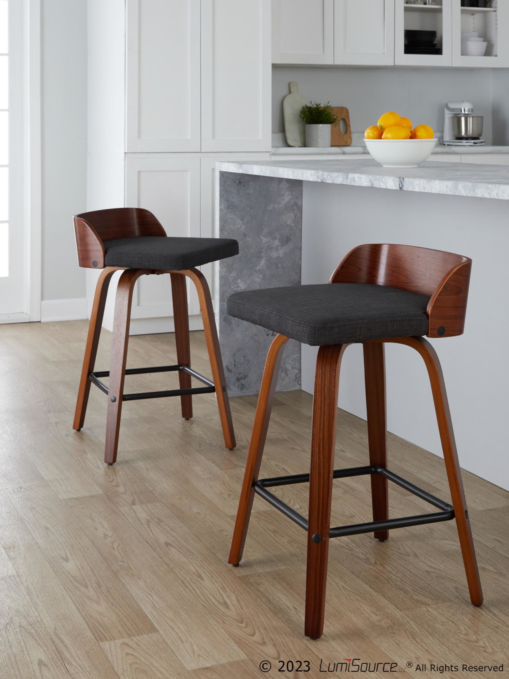 Maya 24" Fixed-Height Counter Stool - Set of 2 - Black Metal, Walnut Wood, Charcoal Fabric
