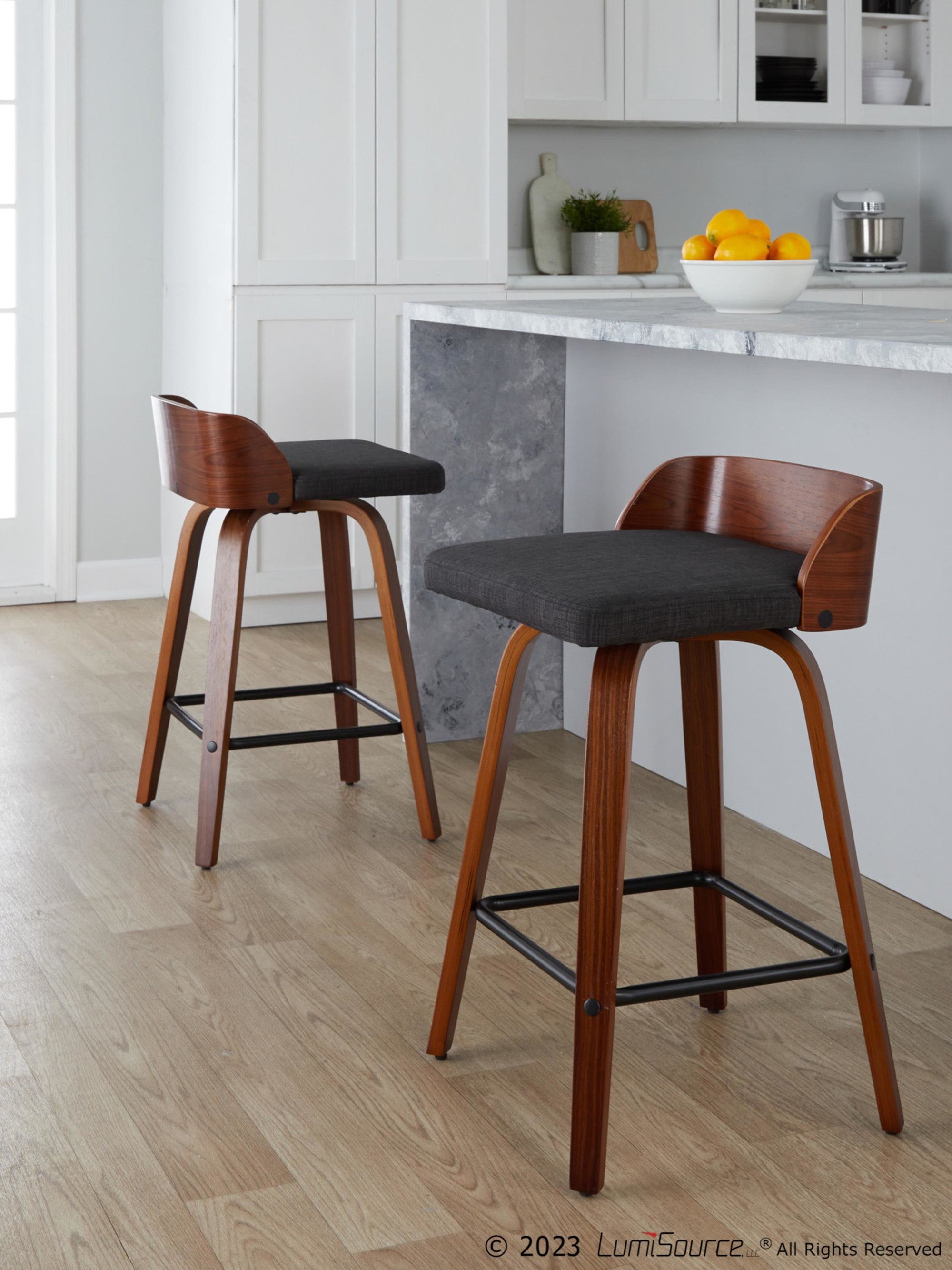 Maya 26" Fixed-Height Counter Stool - Set of 2 - Black Metal, Walnut Wood, Charcoal Fabric