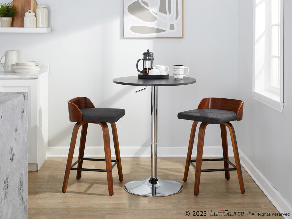 Maya 26" Fixed-Height Counter Stool - Set of 2 - Black Metal, Walnut Wood, Charcoal Fabric