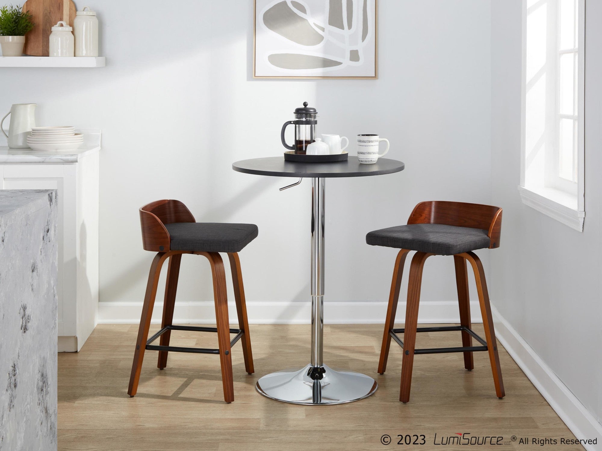 Maya 26" Fixed-Height Counter Stool - Set of 2 - Black Metal, Walnut Wood, Charcoal Fabric