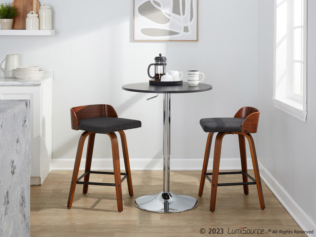 Maya 26" Fixed-Height Counter Stool - Set of 2 - Black Metal, Walnut Wood, Charcoal Fabric