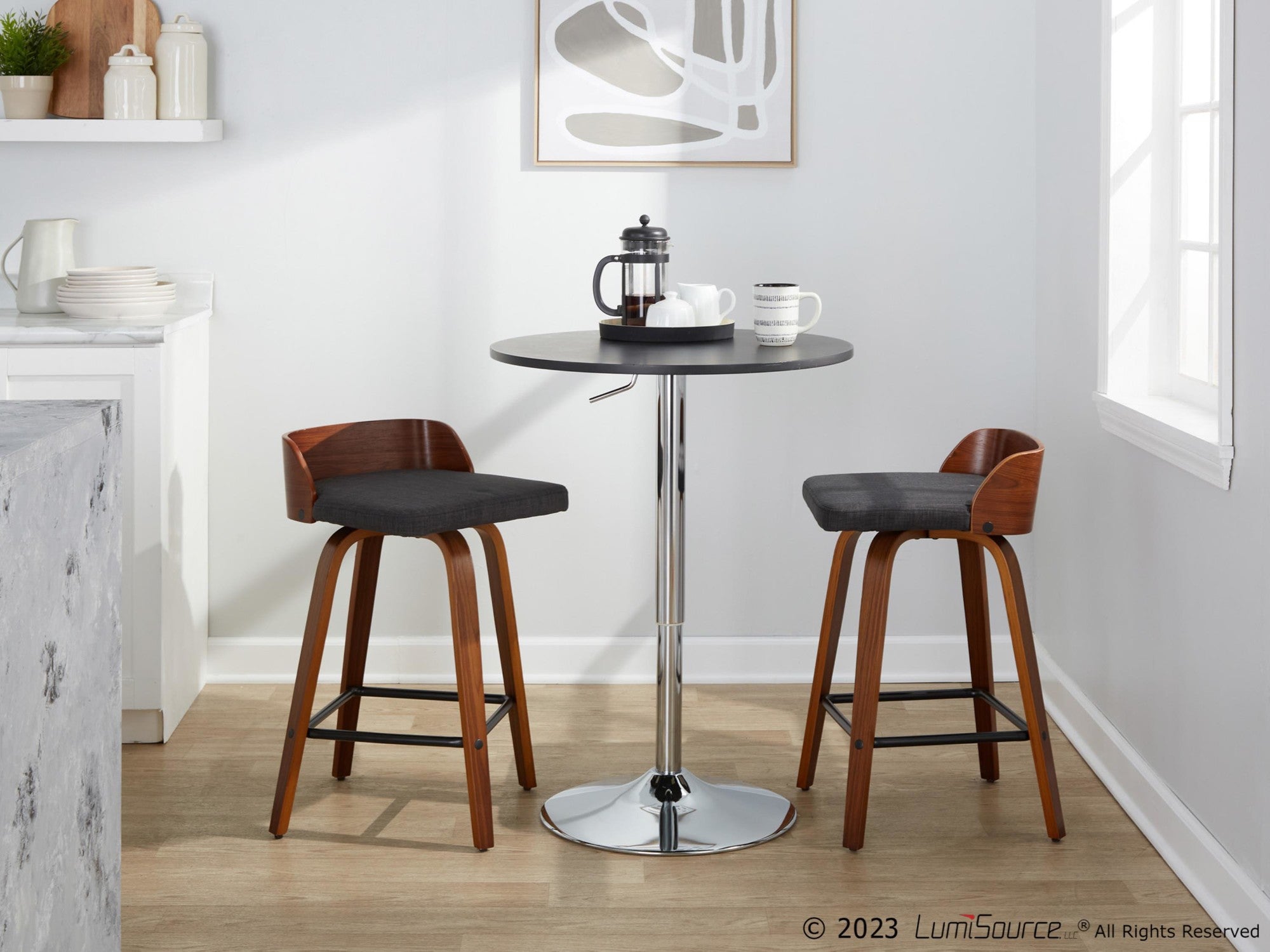 Maya 26" Fixed-Height Counter Stool - Set of 2 - Black Metal, Walnut Wood, Charcoal Fabric