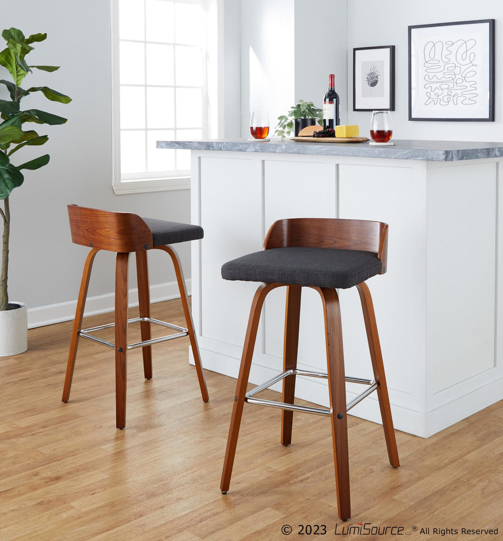 Maya 30" Fixed-Height Barstool - Set of 2 - Chrome Metal, Walnut Wood, Charcoal Fabric