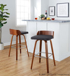 Maya 30" Fixed-Height Barstool - Set of 2 - Chrome Metal, Walnut Wood, Charcoal Fabric