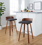 Maya 30" Fixed-Height Barstool - Set of 2 - Chrome Metal, Walnut Wood, Charcoal Fabric