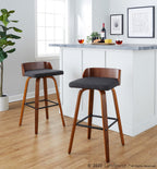 Maya 30" Fixed-Height Barstool - Set of 2 - Black Metal, Walnut Wood, Charcoal Fabric