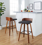 Maya 30" Fixed-Height Barstool - Set of 2 - Black Metal, Walnut Wood, Charcoal Fabric