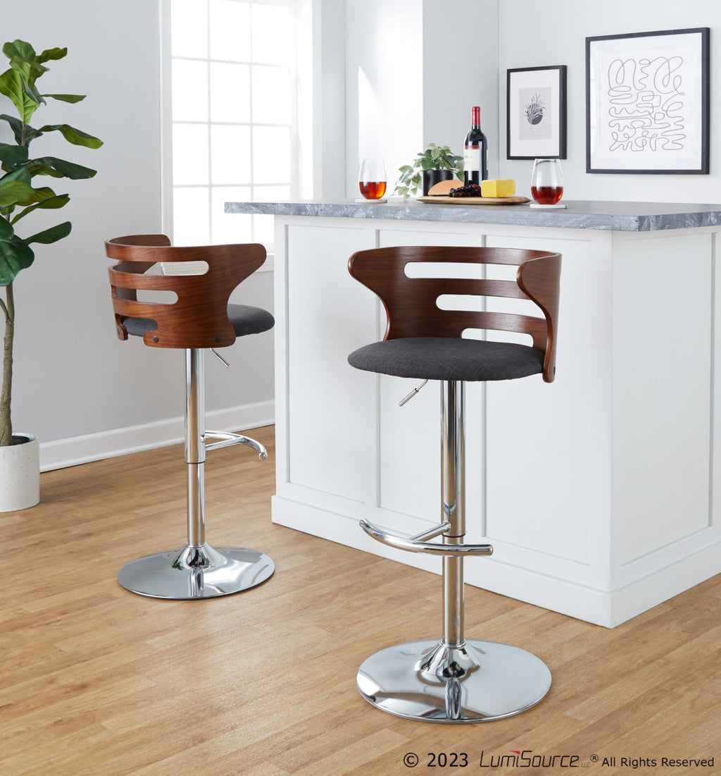 Cosi Adjustable Barstool - Set of 2 - Chrome, Walnut Wood, Charcoal Fabric