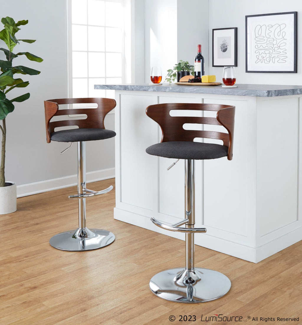 Cosi Adjustable Barstool - Set of 2 - Chrome, Walnut Wood, Charcoal Fabric