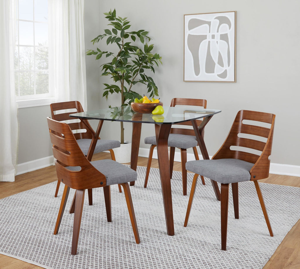 Folia-trevi Square Dining Set - 5 Piece - Walnut Wood, Clear Glass, Grey Fabric
