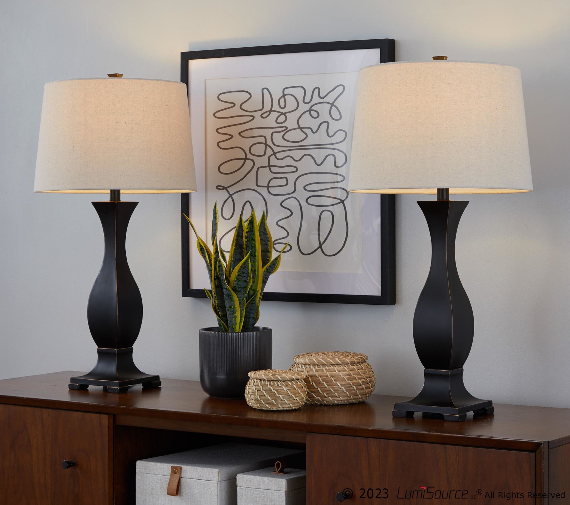Riley 29" Polyresin Table Lamp - Set of 2 - Oil Rubbed Bronze Polyresin, Oat Linen
