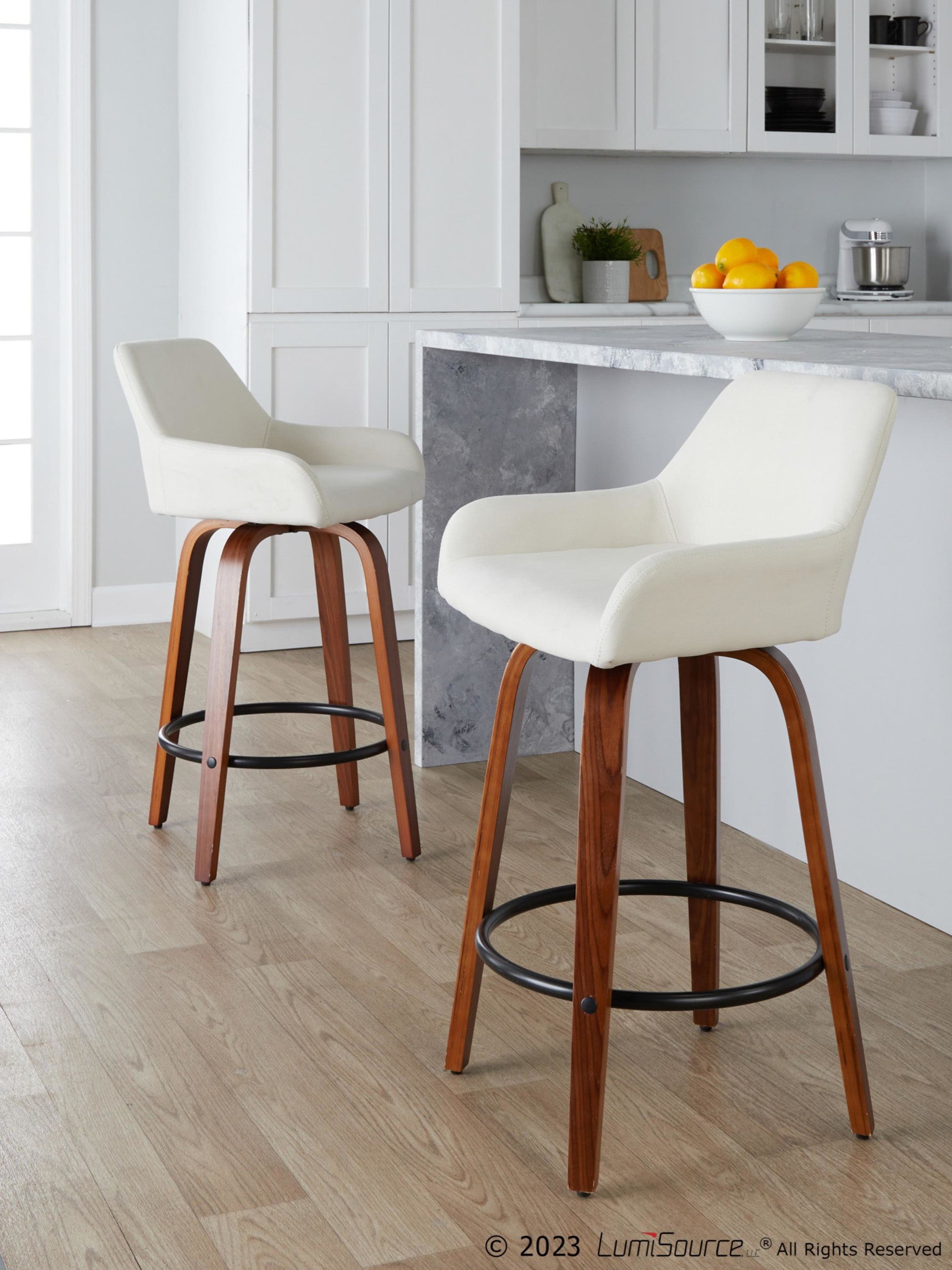 Daniella 26" Fixed-Height Counter Stool - Set of 2 - Walnut Wood, Black Metal, Cream Fabric
