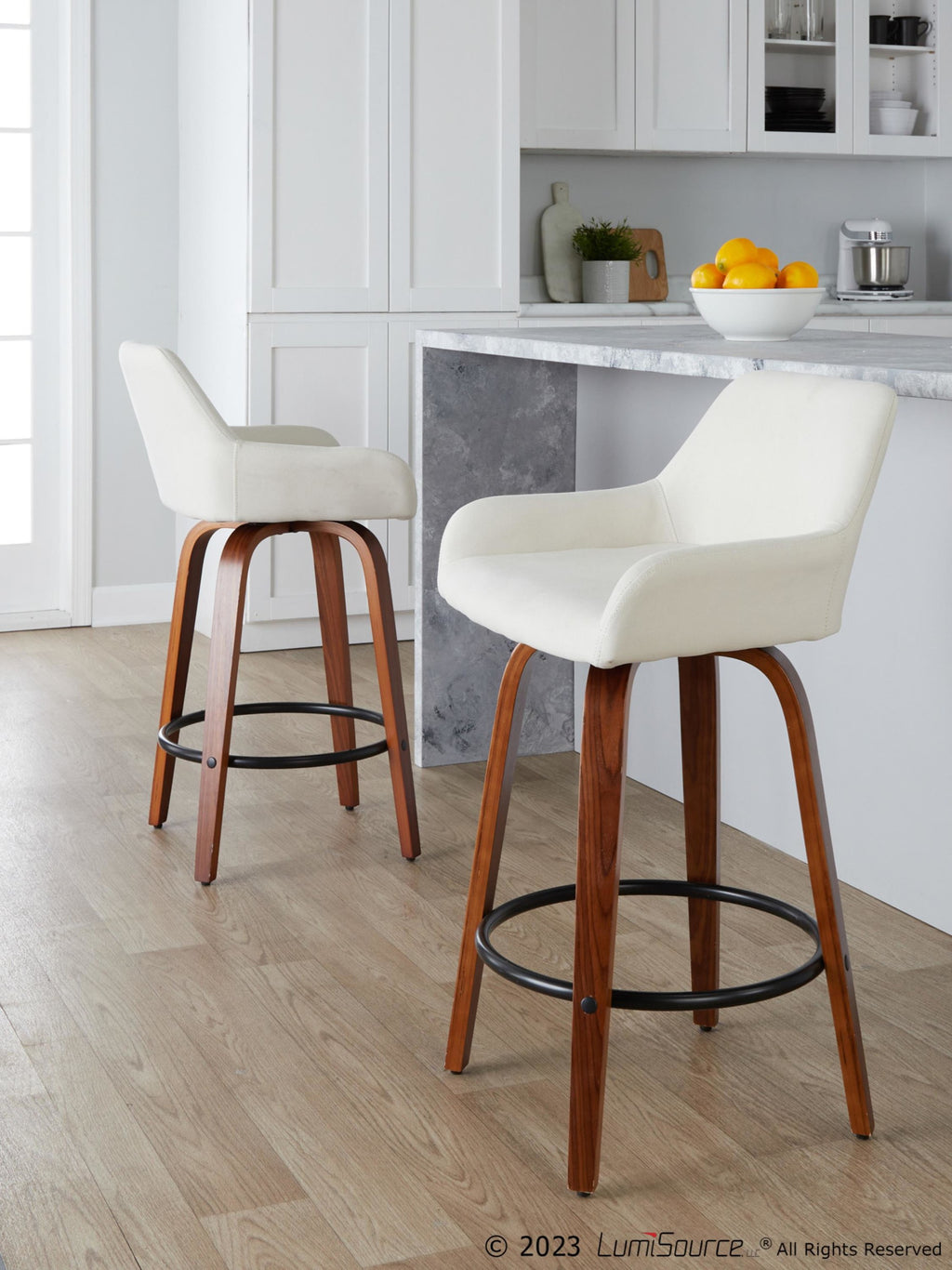Daniella 26" Fixed-Height Counter Stool - Set of 2 - Walnut Wood, Black Metal, Cream Fabric
