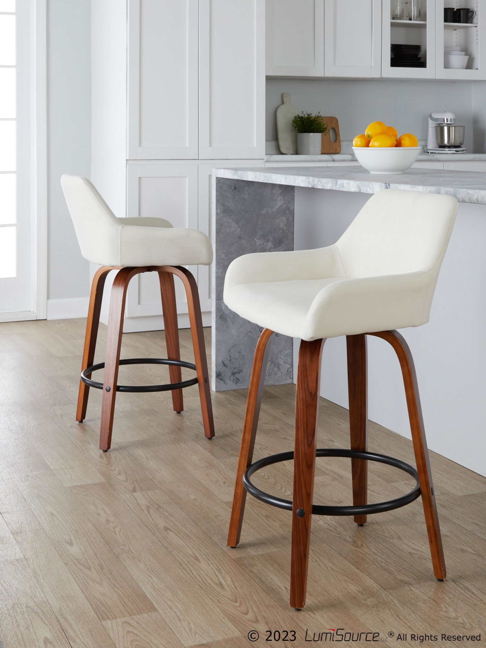 Daniella 26" Fixed-Height Counter Stool - Set of 2 - Walnut Wood, Black Metal, Cream Fabric
