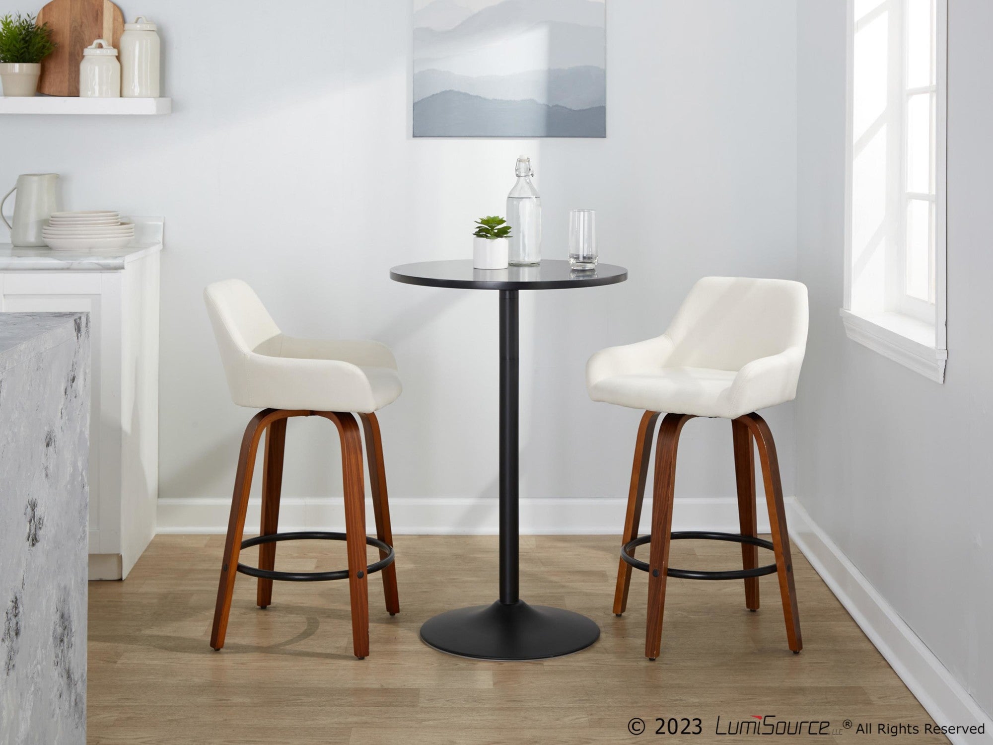 Daniella 26" Fixed-Height Counter Stool - Set of 2 - Walnut Wood, Black Metal, Cream Fabric