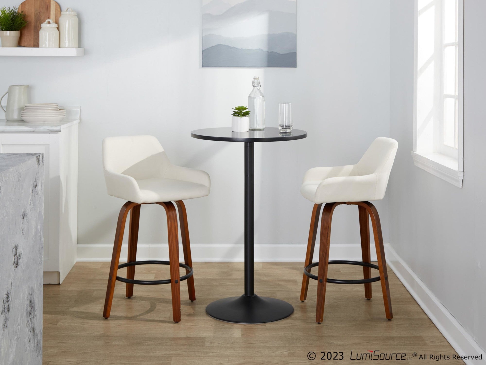 Daniella 26" Fixed-Height Counter Stool - Set of 2 - Walnut Wood, Black Metal, Cream Fabric