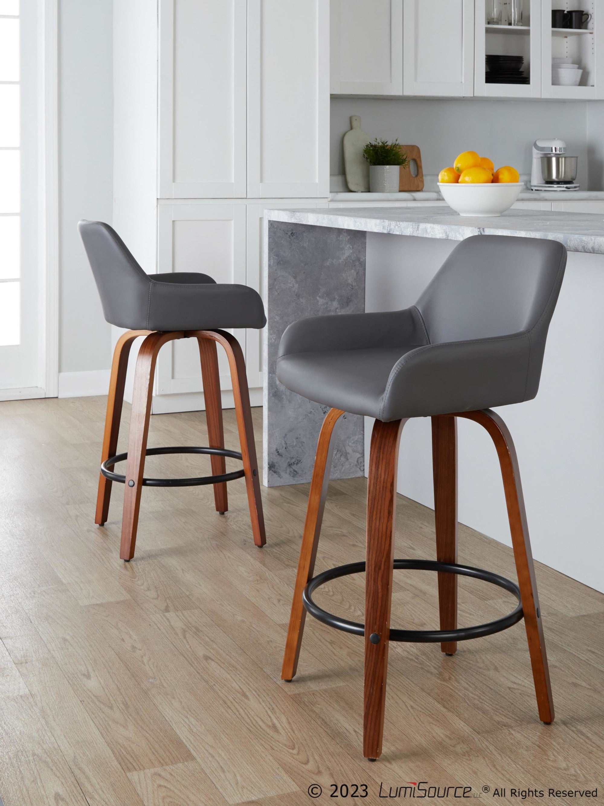 Daniella 26" Fixed-Height Counter Stool - Set of 2 - Walnut Wood, Black Metal, Grey PU