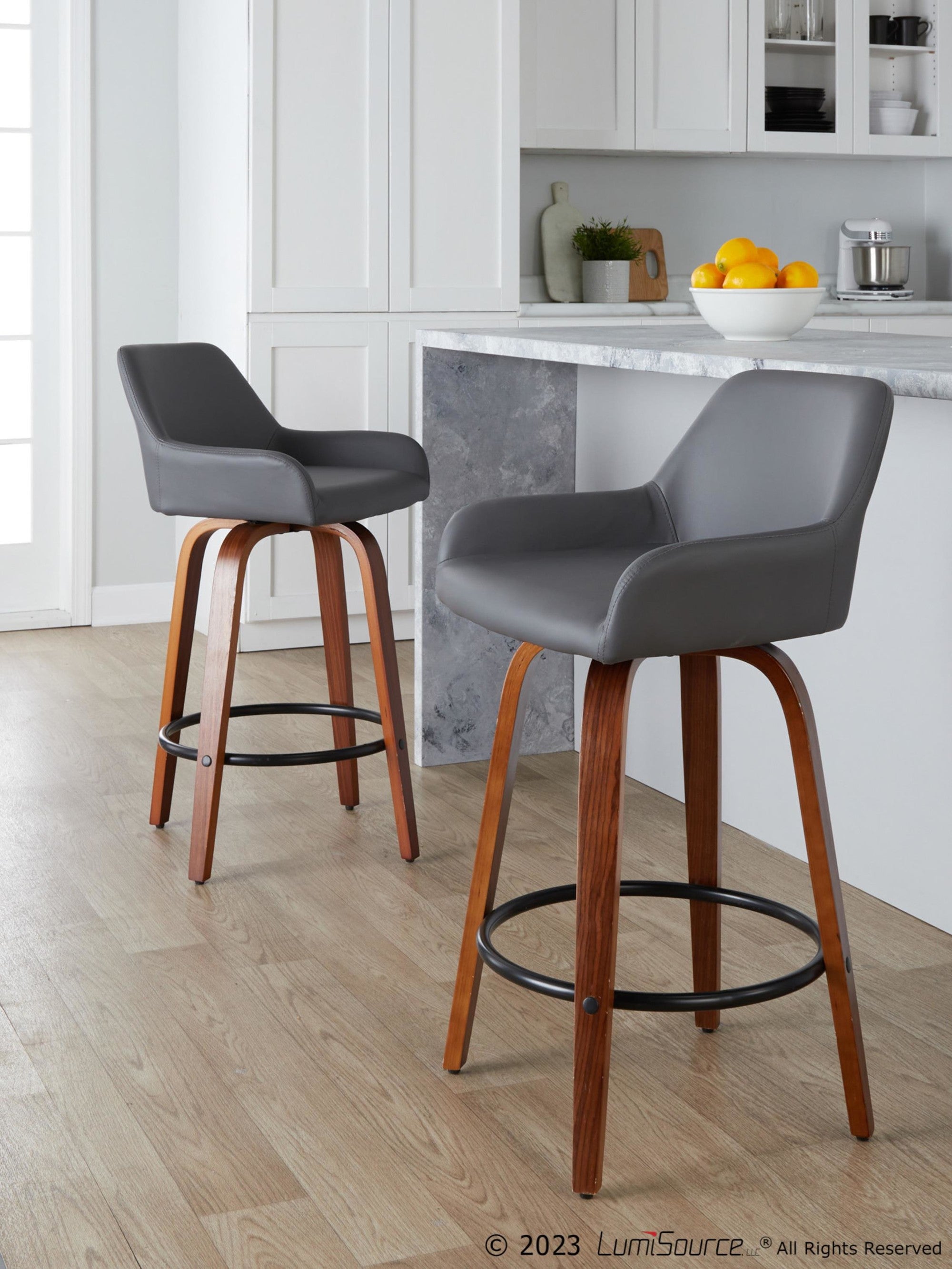 Daniella 26" Fixed-Height Counter Stool - Set of 2 - Walnut Wood, Black Metal, Grey PU