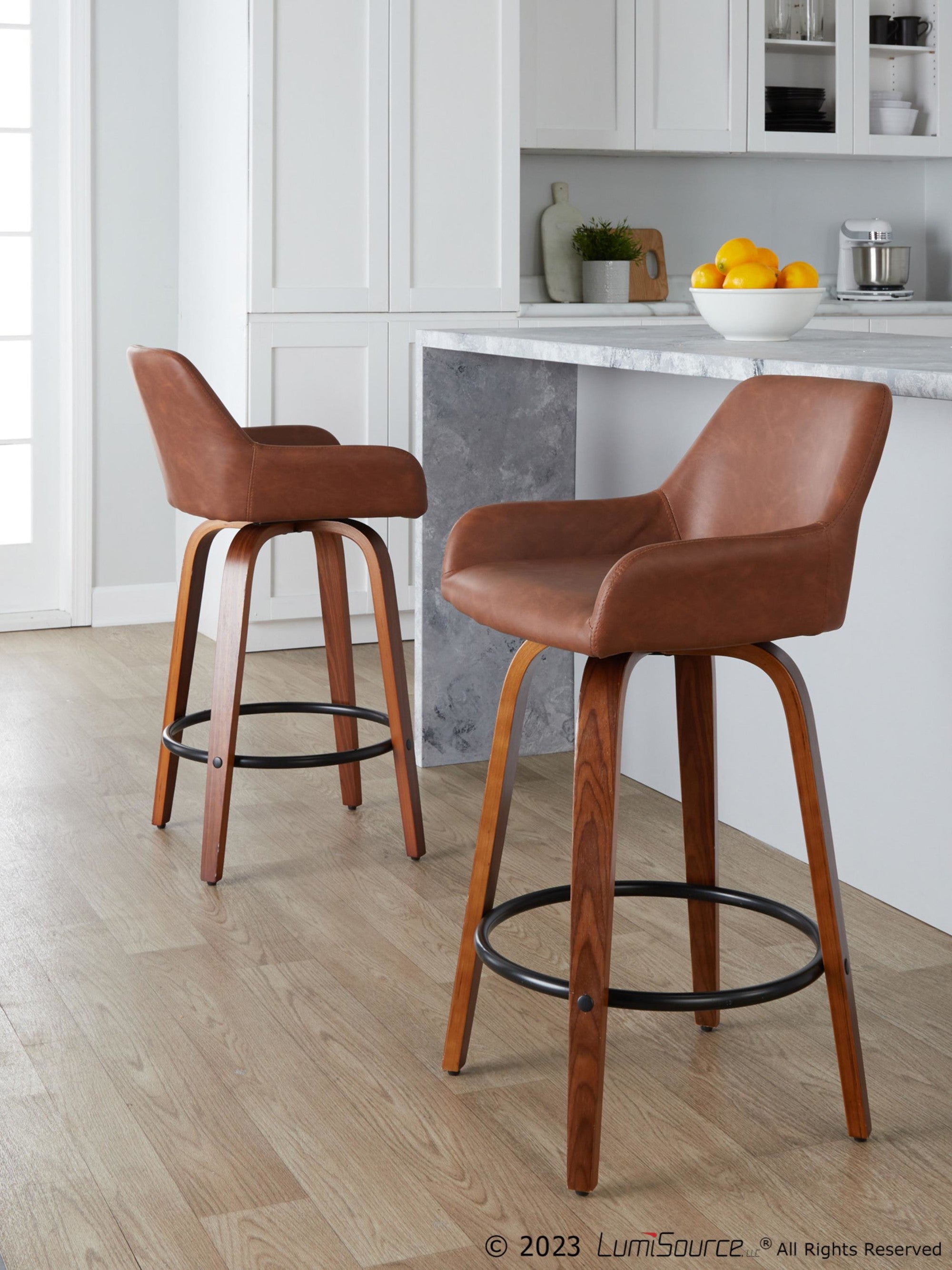 Daniella 26" Fixed-Height Counter Stool - Set of 2 - Walnut Wood, Black Metal, Camel PU
