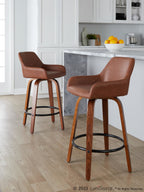 Daniella 26" Fixed-Height Counter Stool - Set of 2 - Walnut Wood, Black Metal, Camel PU