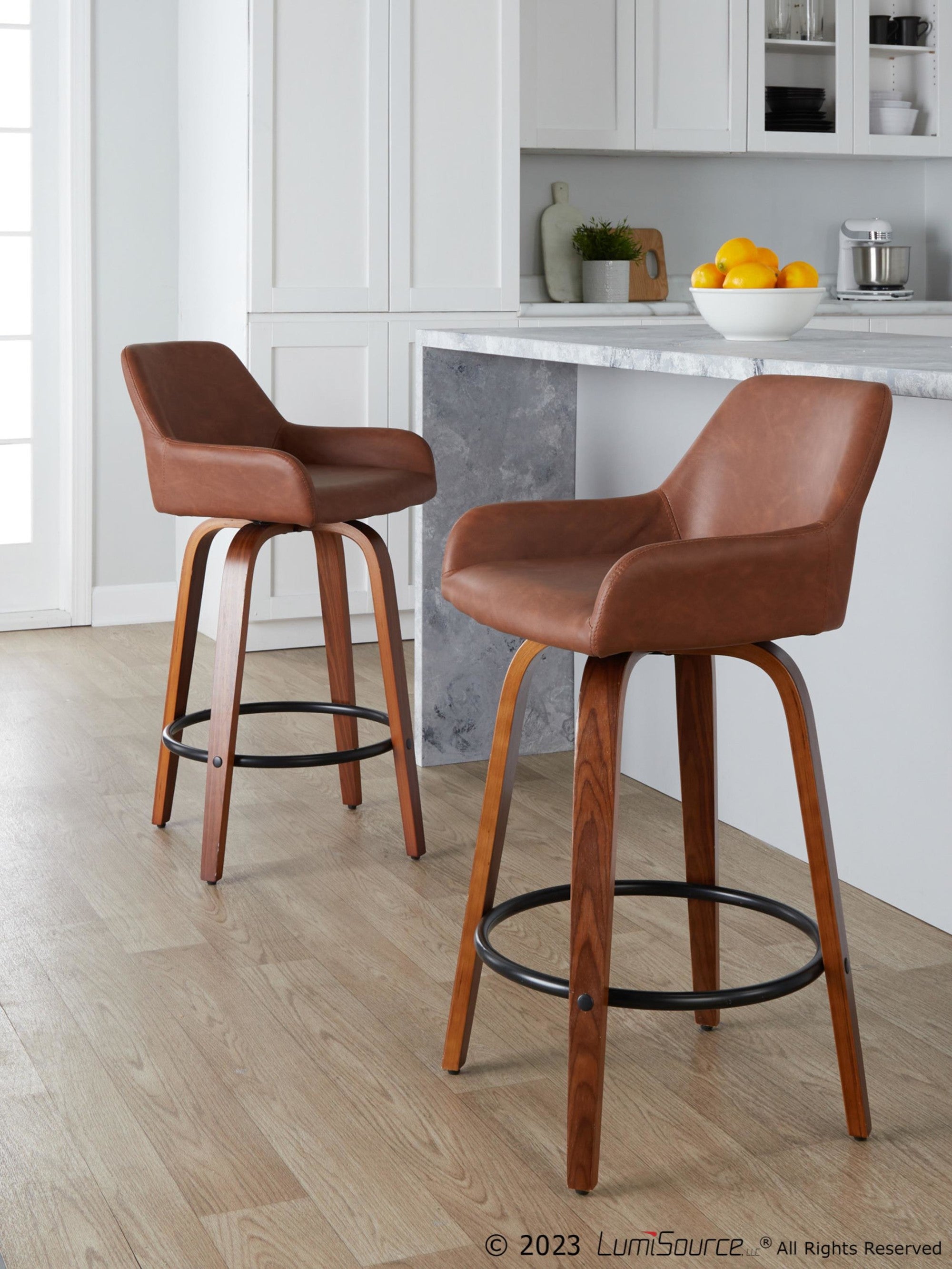 Daniella 26" Fixed-Height Counter Stool - Set of 2 - Walnut Wood, Black Metal, Camel PU