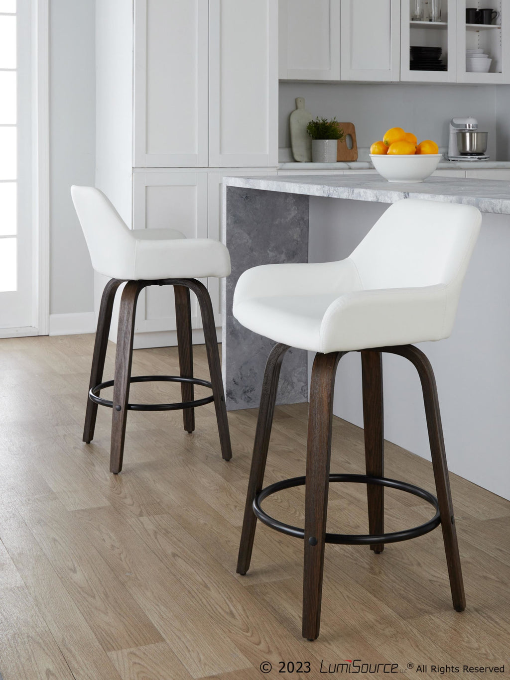 Daniella 26" Fixed-Height Counter Stool - Set of 2 - Walnut Glazed Wood, Black Metal, White PU