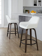 Daniella 26" Fixed-Height Counter Stool - Set of 2 - Walnut Glazed Wood, Black Metal, White PU