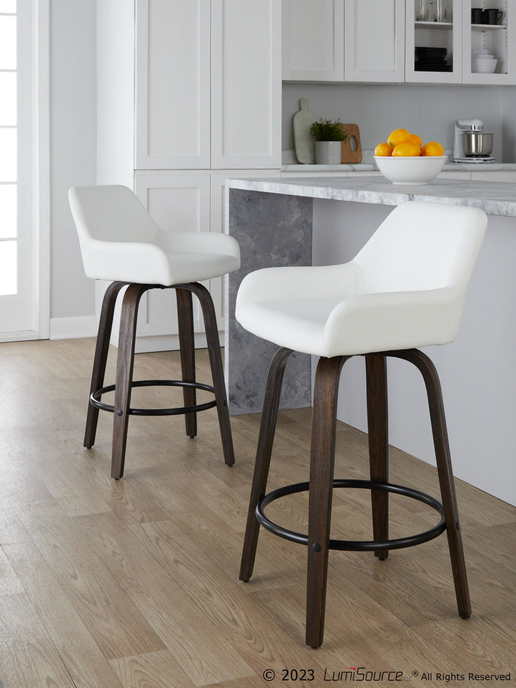 Daniella 26" Fixed-Height Counter Stool - Set of 2 - Walnut Glazed Wood, Black Metal, White PU