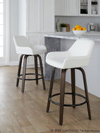 Daniella 26" Fixed-Height Counter Stool - Set of 2 - Walnut Glazed Wood, Black Metal, White PU