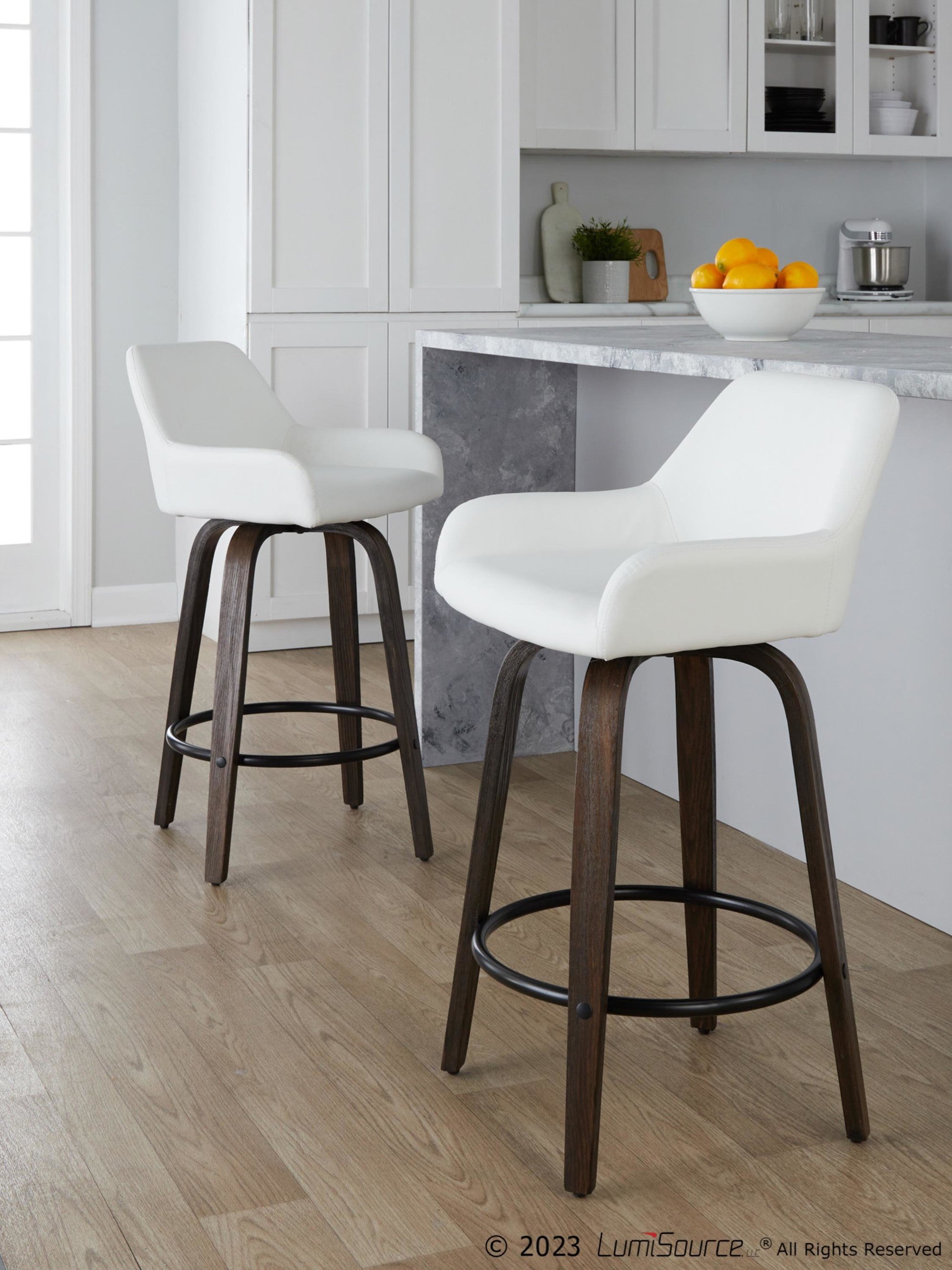 Daniella 26" Fixed-Height Counter Stool - Set of 2 - Walnut Glazed Wood, Black Metal, White PU