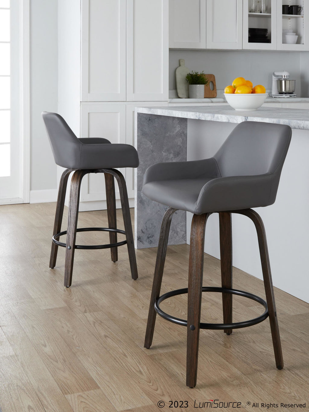 Daniella 26" Fixed-Height Counter Stool - Set of 2 - Walnut Glazed Wood, Black Metal, Grey PU