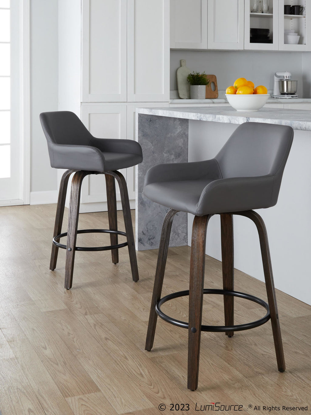 Daniella 26" Fixed-Height Counter Stool - Set of 2 - Walnut Glazed Wood, Black Metal, Grey PU