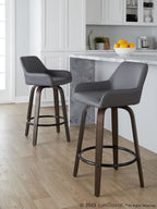 Daniella 26" Fixed-Height Counter Stool - Set of 2 - Walnut Glazed Wood, Black Metal, Grey PU