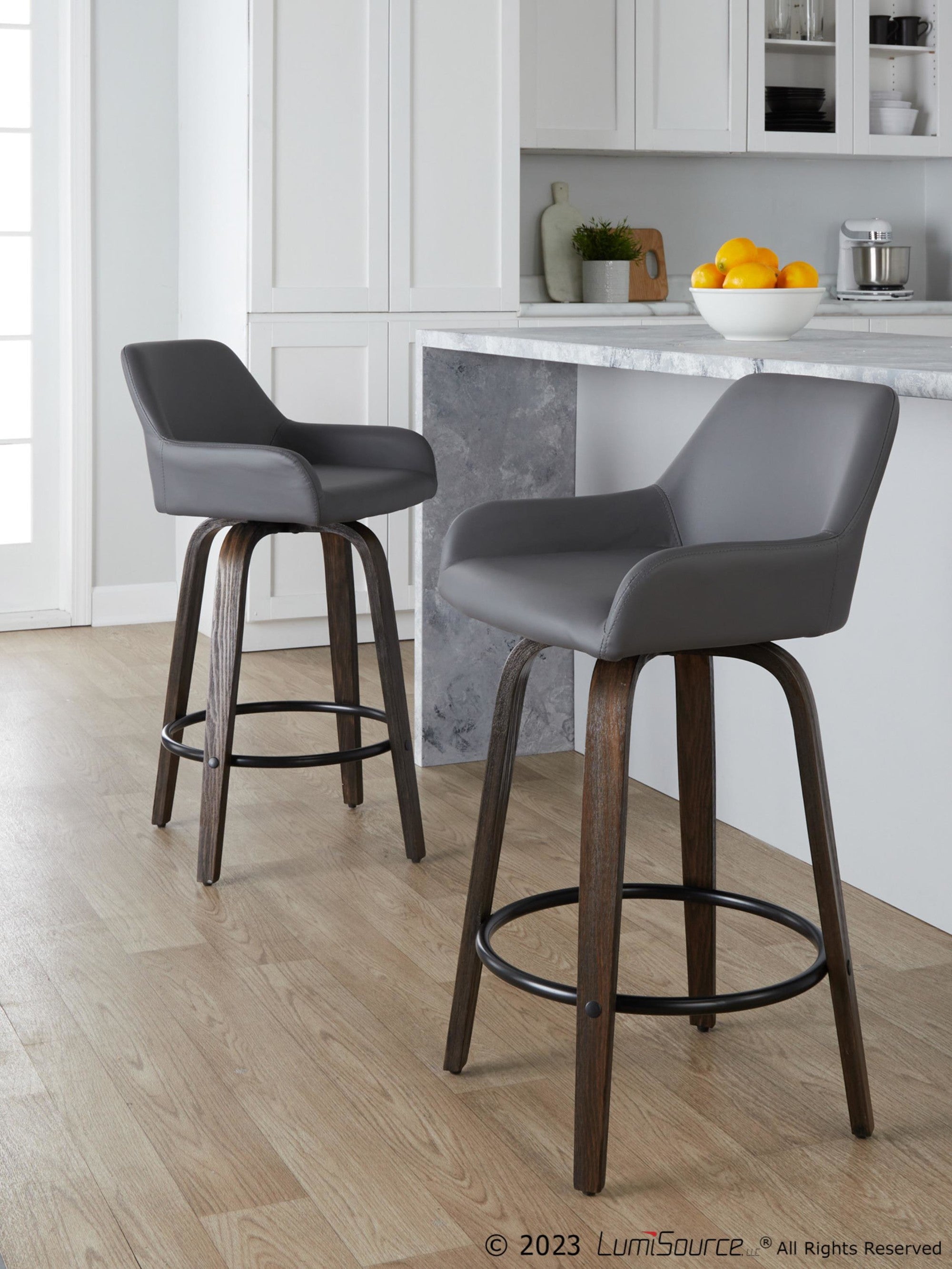 Daniella 26" Fixed-Height Counter Stool - Set of 2 - Walnut Glazed Wood, Black Metal, Grey PU