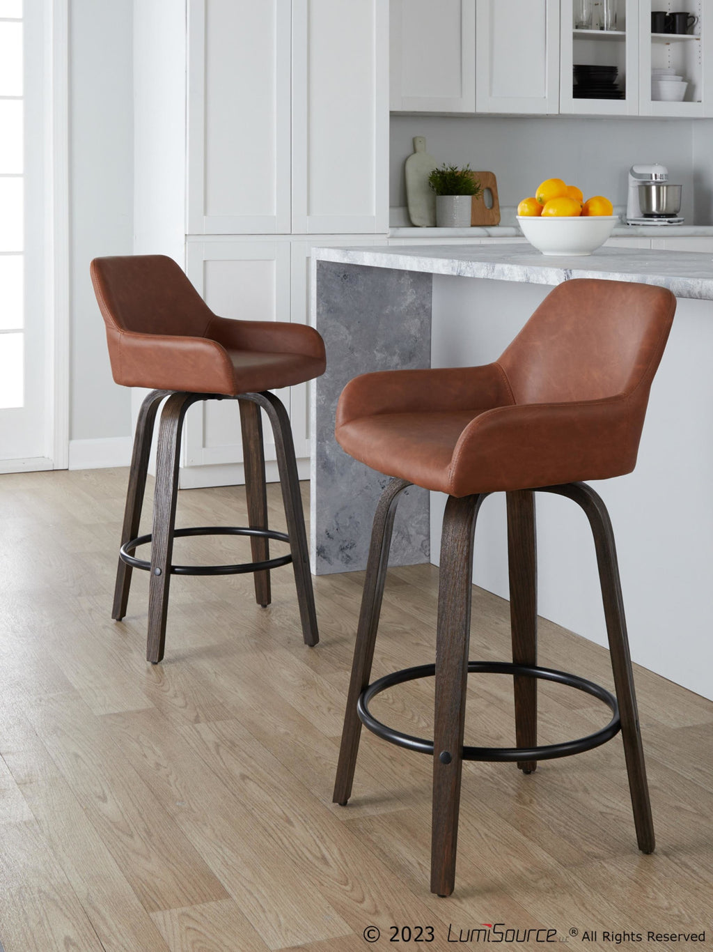 Daniella 26" Fixed-Height Counter Stool - Set of 2 - Walnut Glazed Wood, Black Metal, Camel PU