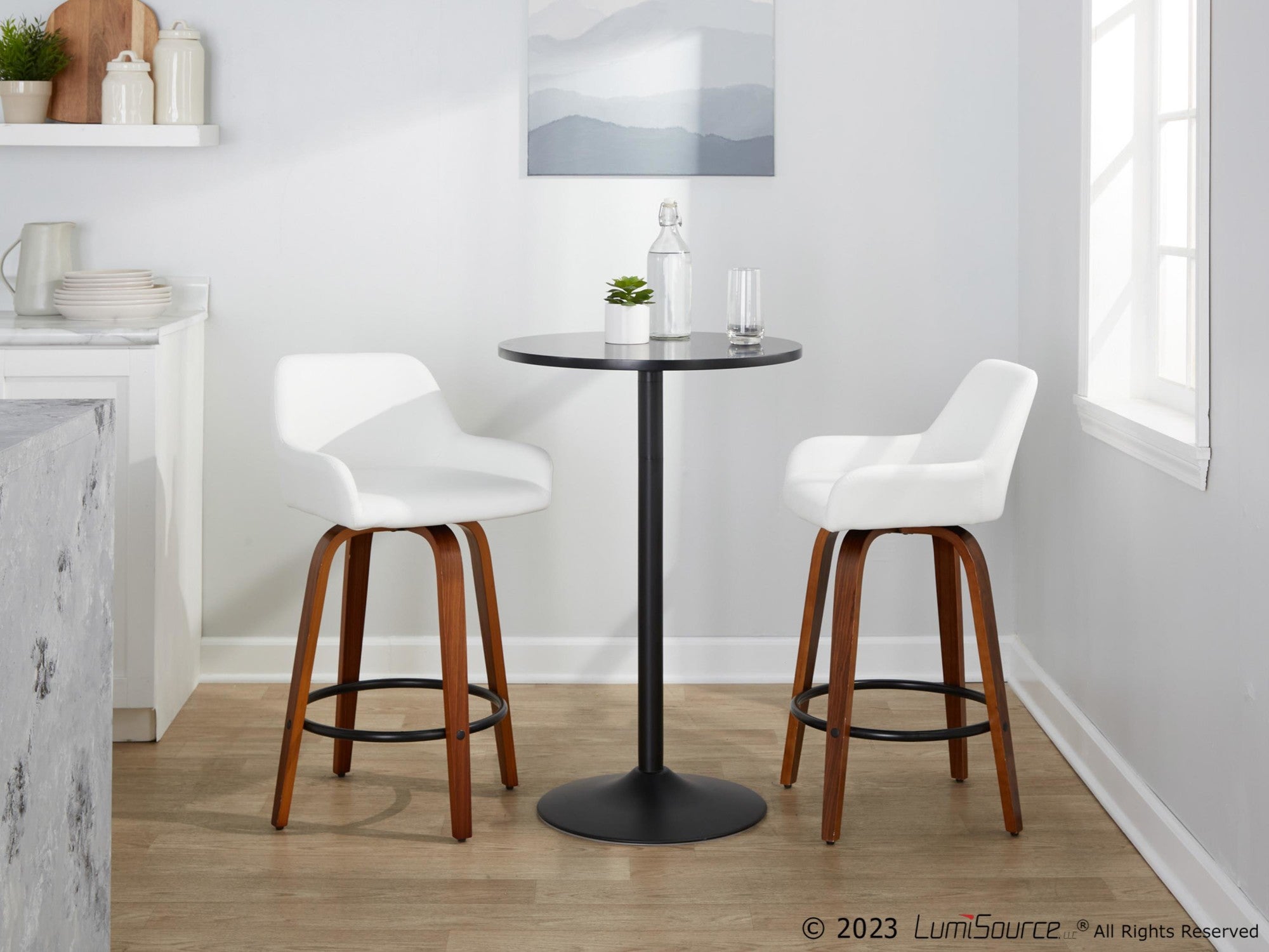 Daniella 26" Fixed-Height Counter Stool - Set of 2 - Walnut Wood, Black Metal, White PU
