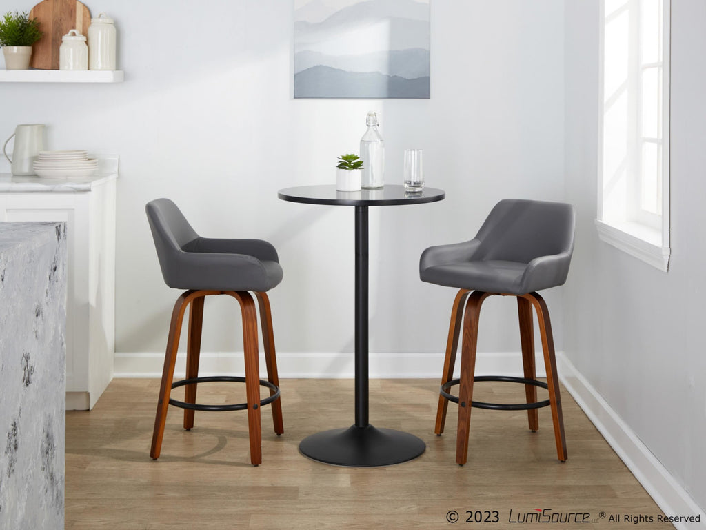 Daniella 26" Fixed-Height Counter Stool - Set of 2 - Walnut Wood, Black Metal, Grey PU