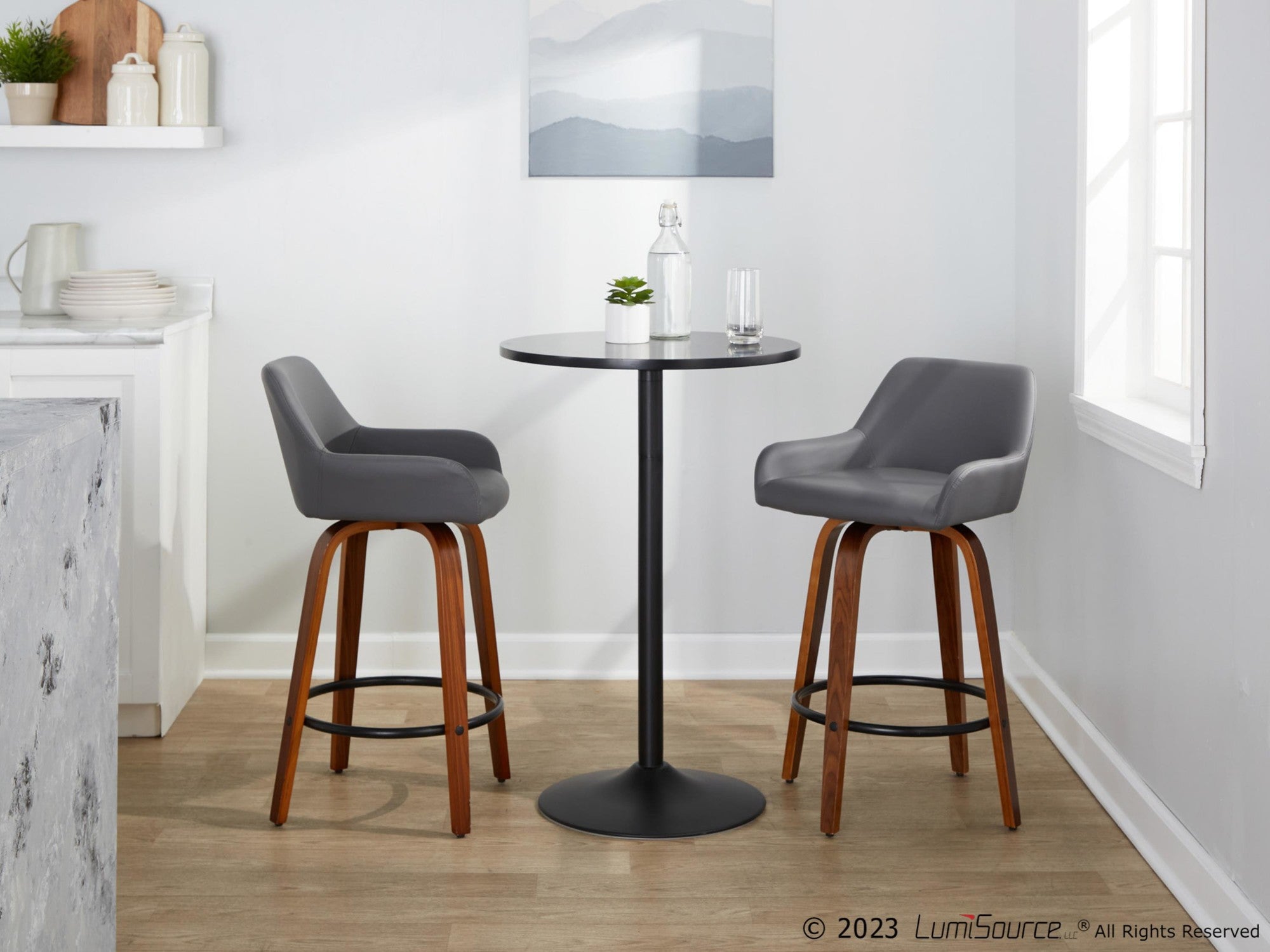 Daniella 26" Fixed-Height Counter Stool - Set of 2 - Walnut Wood, Black Metal, Grey PU