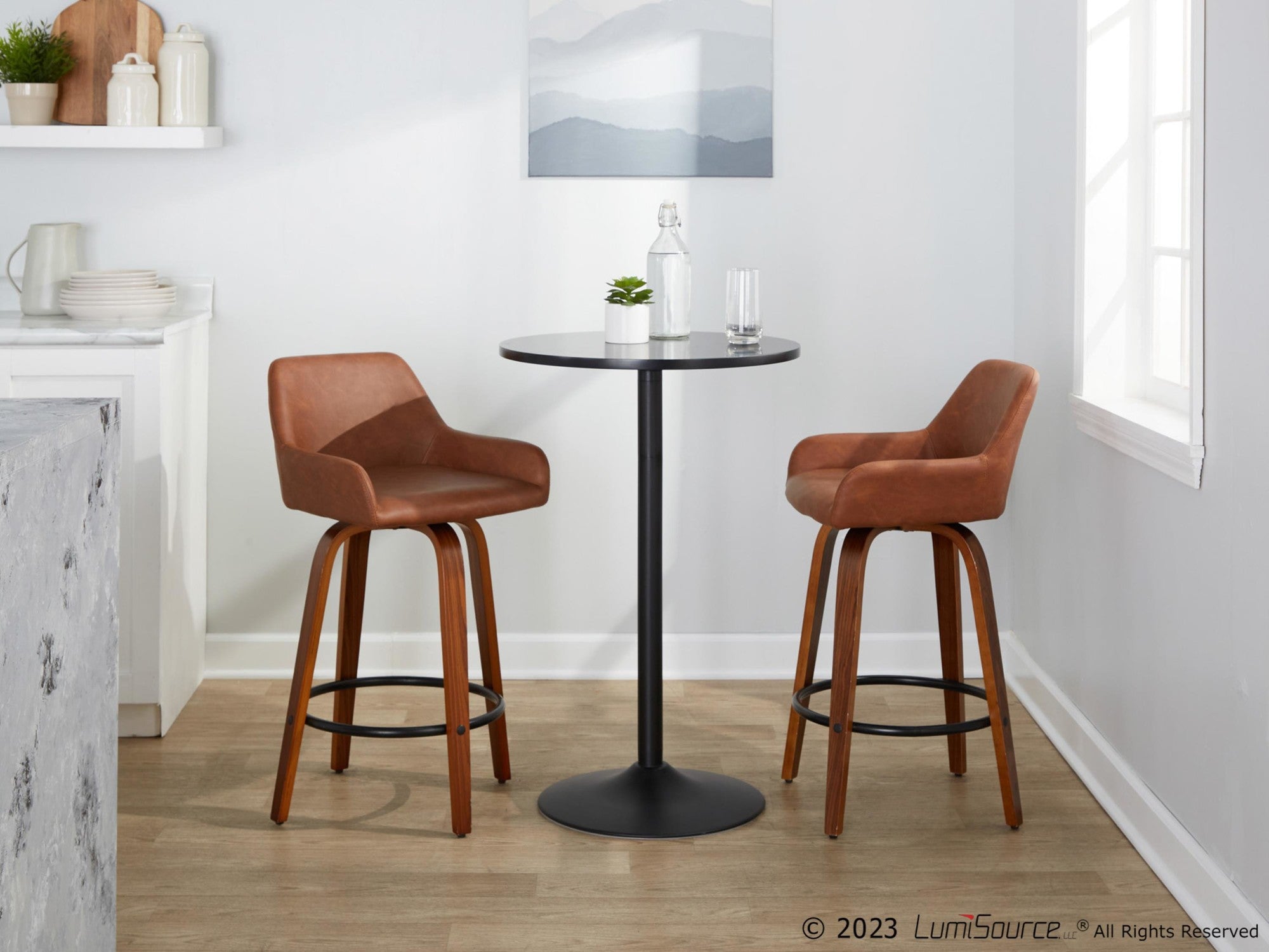Daniella 26" Fixed-Height Counter Stool - Set of 2 - Walnut Wood, Black Metal, Camel PU